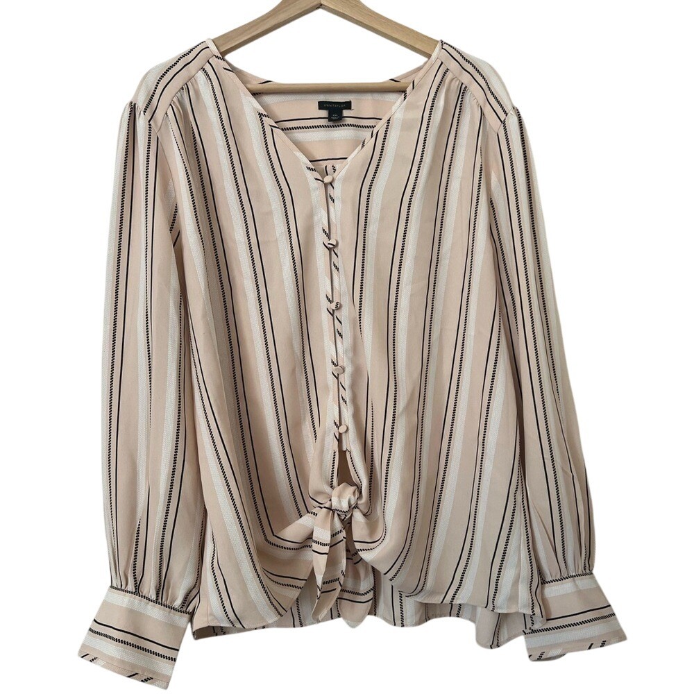 Ann Taylor Striped V-Neck Tie-Front Blouse XXL Pink Black Long Sleeve Button Up